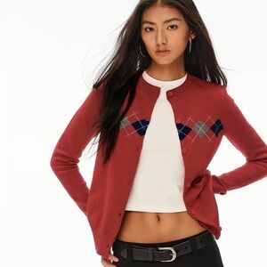 Women's Argyle Pattern Cardigan Sweater - Red